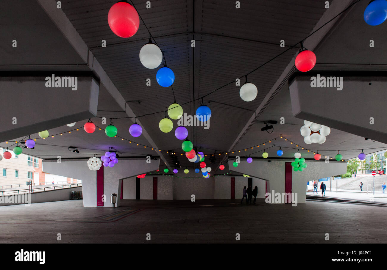 Birmingham, England, UK June 23, 2012 Colourful lanterns illuminate the dark underpasses