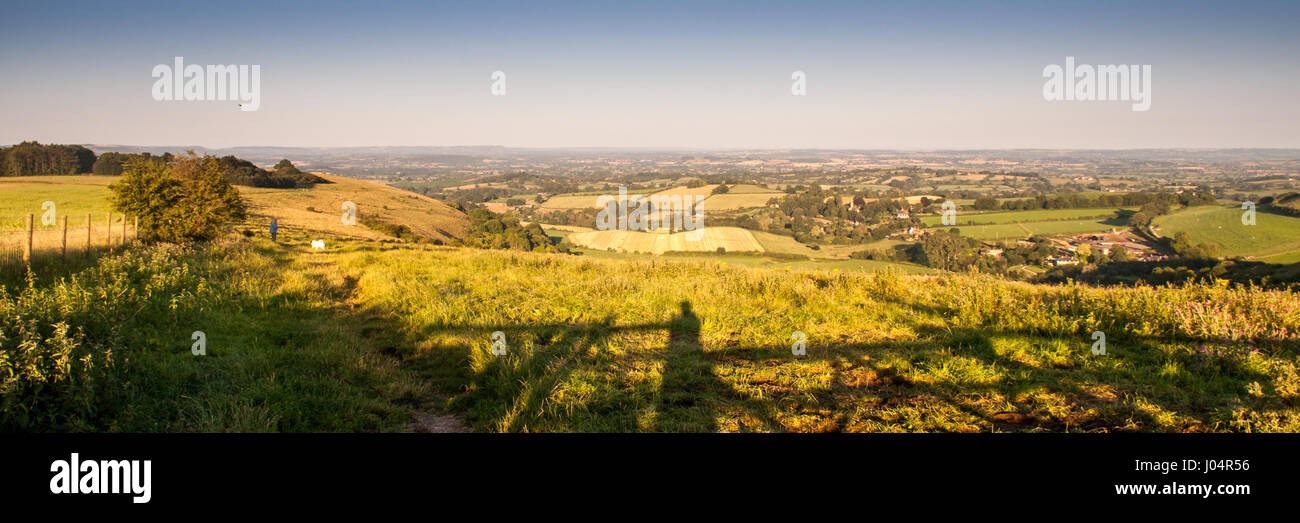 Agricultural fields and pasture of the Blackmore Vale seen from Fontmell Down in North Dorset, England. Stock Photo