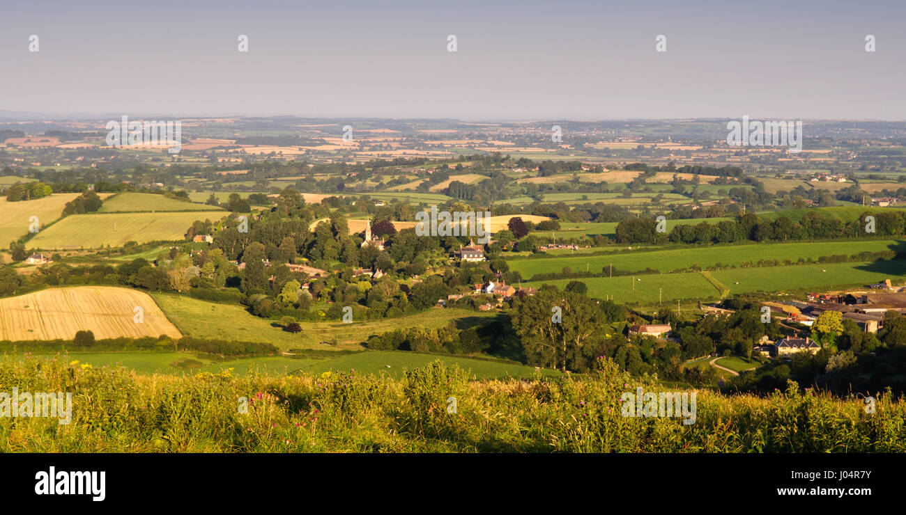 Agricultural fields and pasture of the Blackmore Vale seen from Fontmell Down in North Dorset, England. Stock Photo