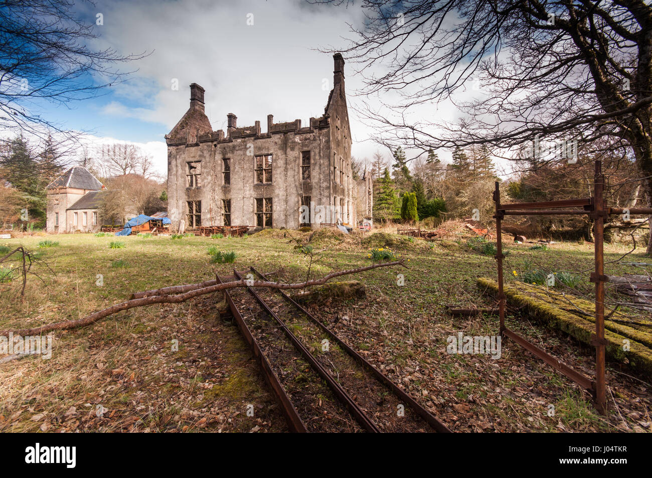 The derelict ruins of Courthill House near Lochcarron in the West Highlands of Scotland. Stock Photo