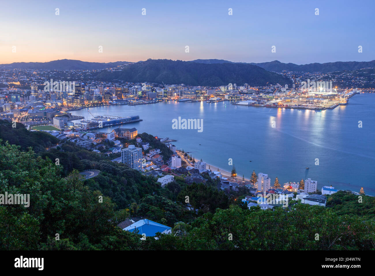 Wellington, New Zealand, from Mount Victoria, at twilight. Stock Photo