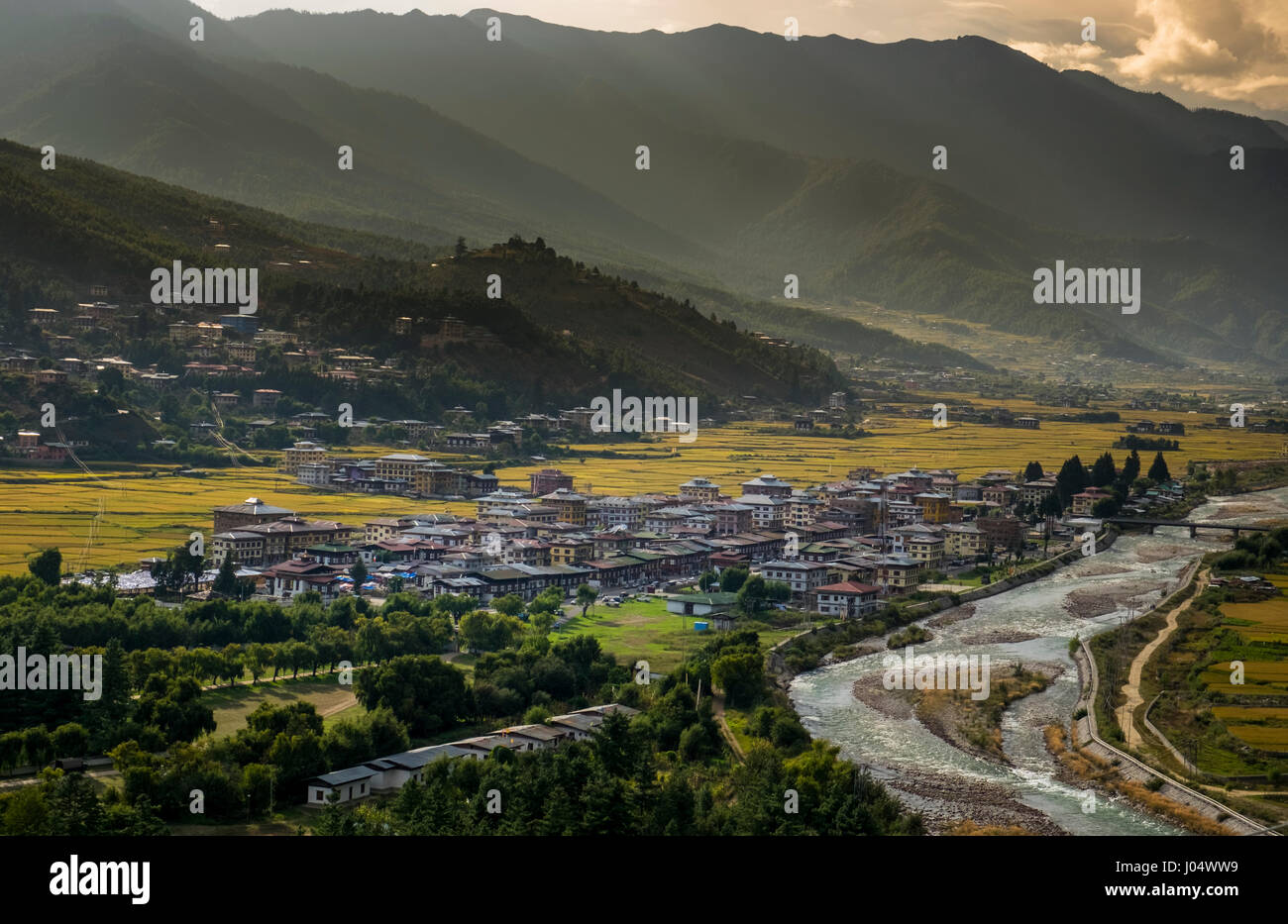 Paro Rive PARO, BHUTAN - CIRCA October 2014: View of Paro and Paro Chu rive in ...