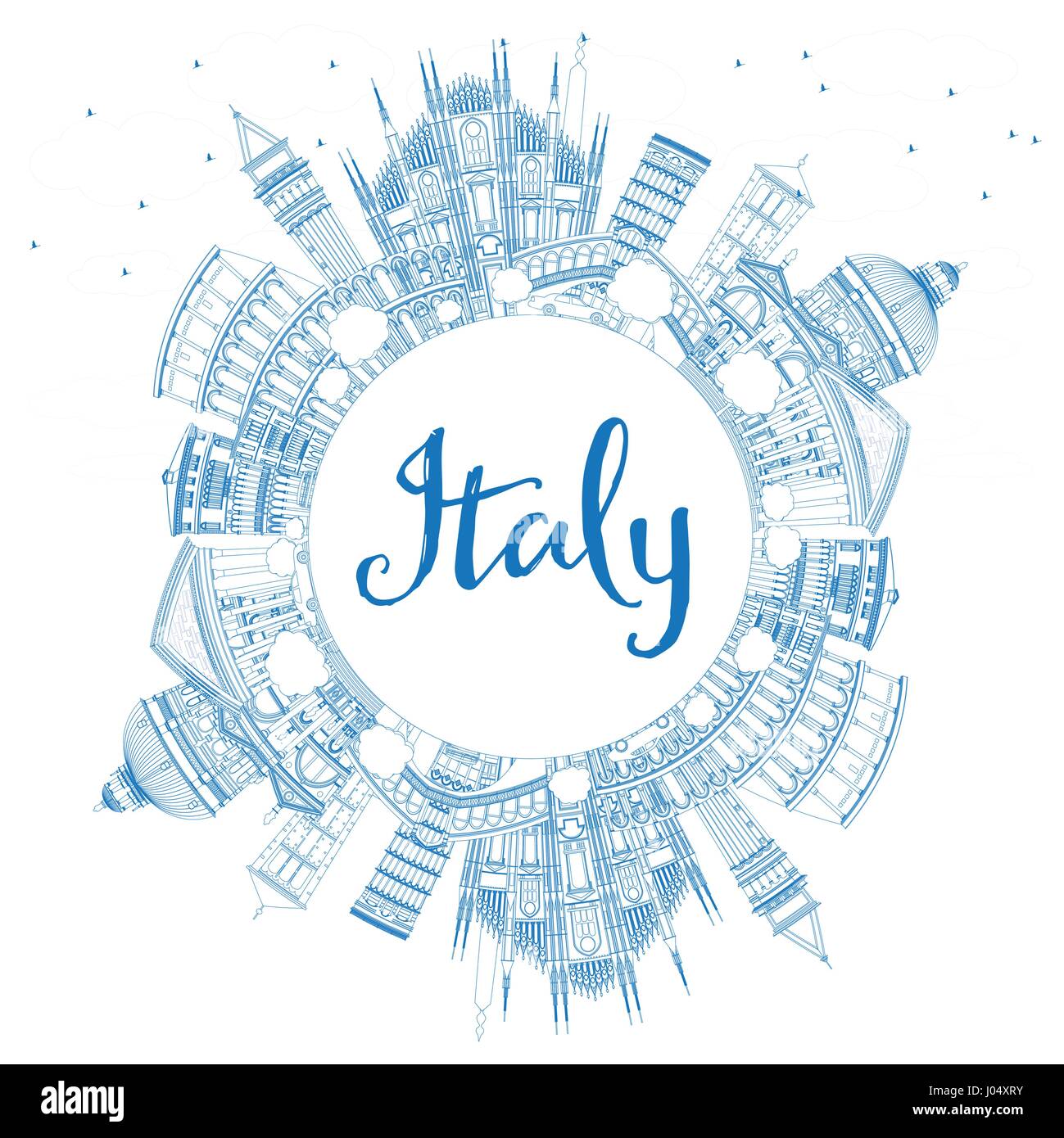 Outline Italy Skyline with Blue Landmarks and Copy Space. Vector Illustration. Business Travel and Tourism Concept with Historic Architecture. Stock Vector