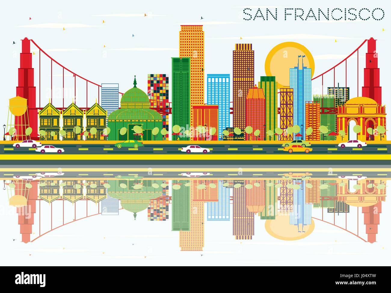 San Francisco Skyline with Color Buildings, Blue Sky and Reflections. Vector Illustration. Business Travel and Tourism Concept with Modern Buildings.  Stock Vector