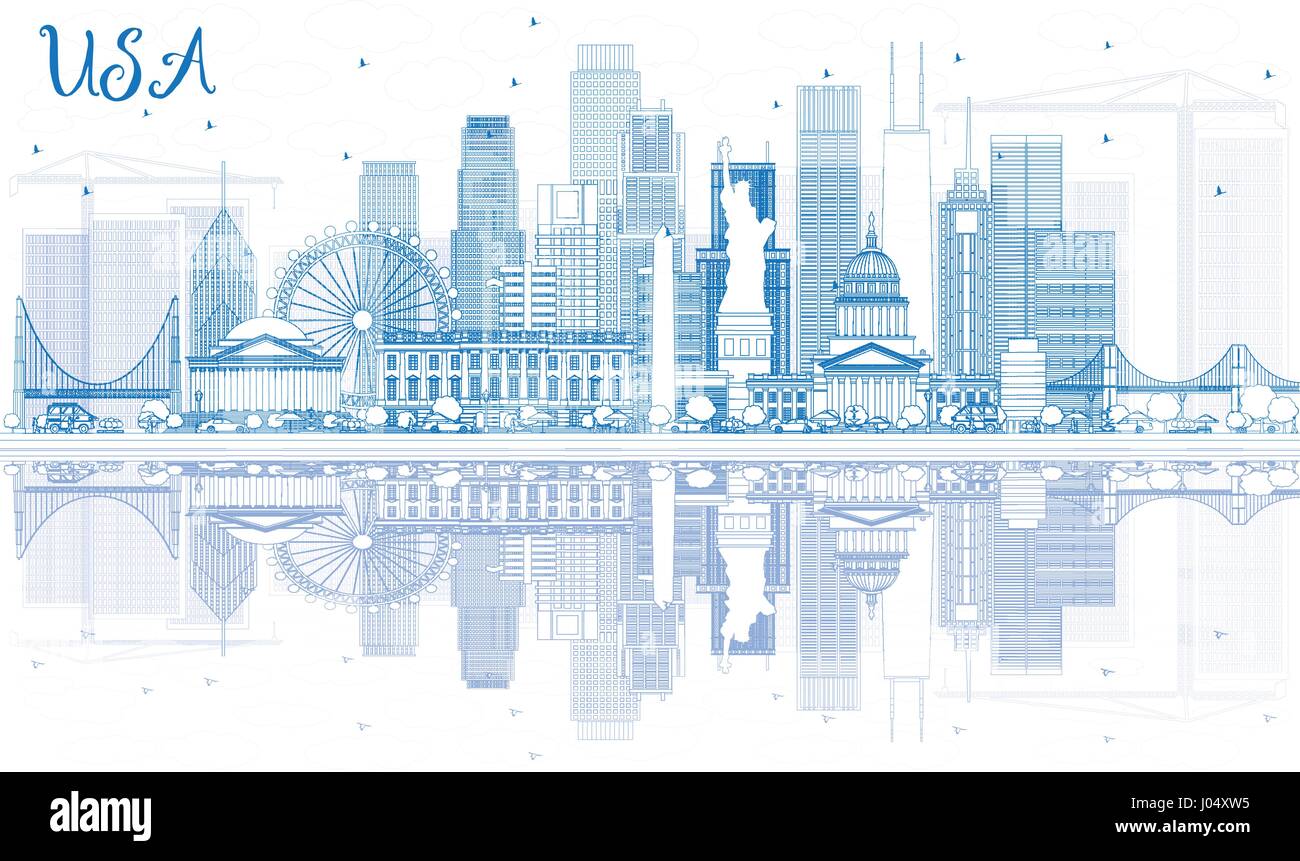 Outline USA Skyline with Blue Skyscrapers and Landmarks. Vector ...