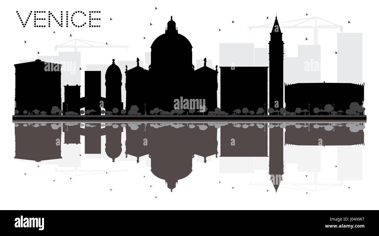 Venice City skyline black and white silhouette with reflection. Vector illustration. Simple flat concept for tourism presentation, banner, placard Stock Vector