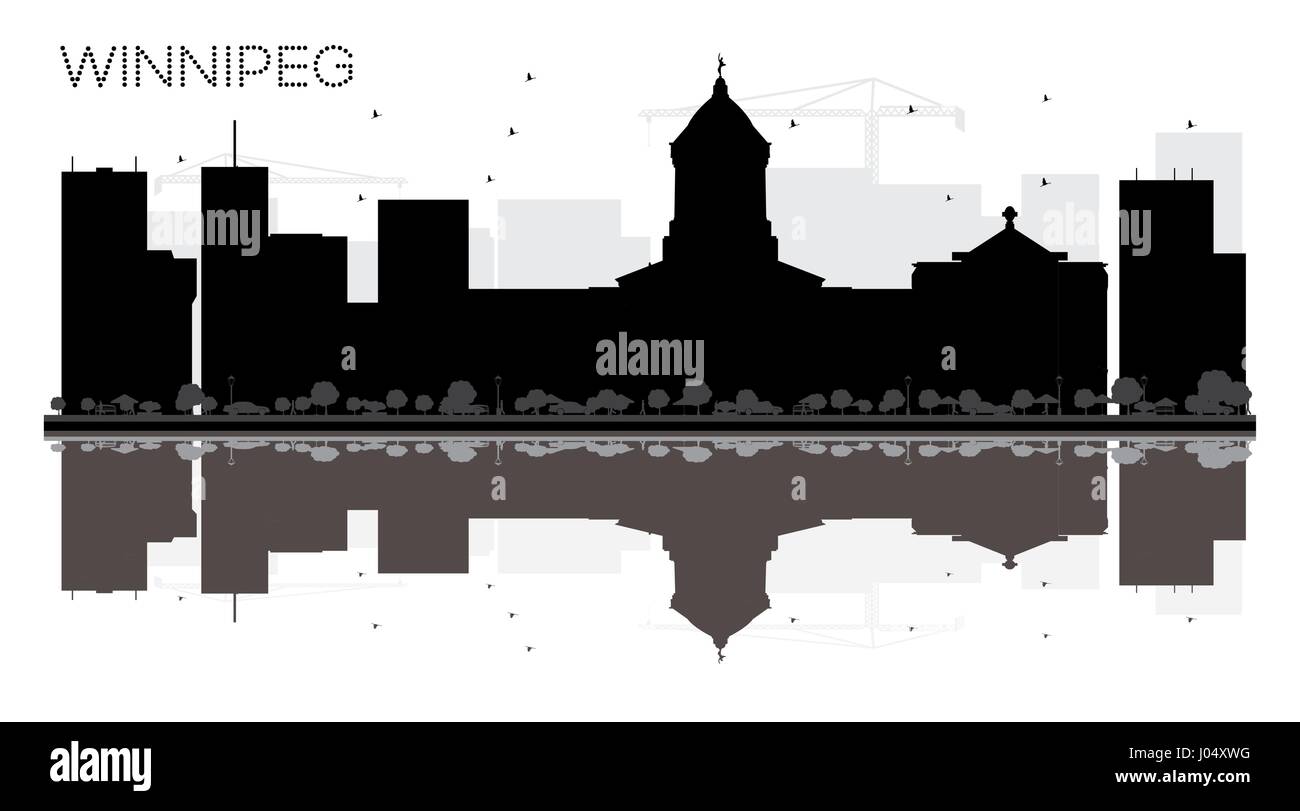 Winnipeg City skyline black and white silhouette with reflections. Vector illustration. Simple flat concept for tourism presentation, banner, placard  Stock Vector