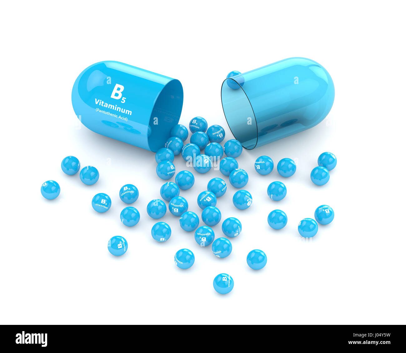 3d rendering of vitamin B5 pill with granules over white background