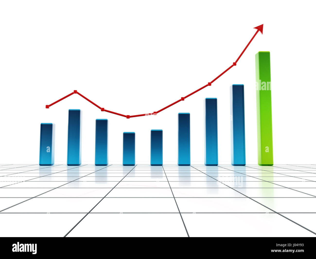 Rising bar graph on grid. 3D illustration. Stock Photo