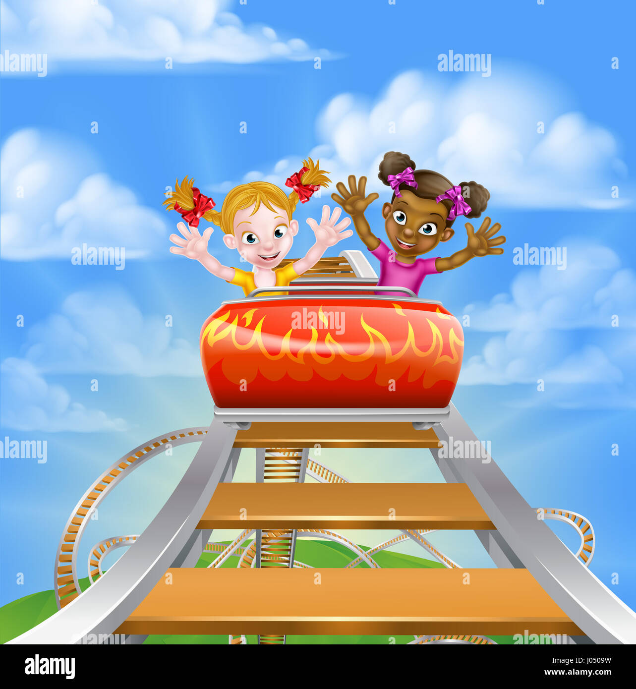 Cartoon girls, one black one white, riding on a roller coaster ride at a theme park or amusement park Stock Photo