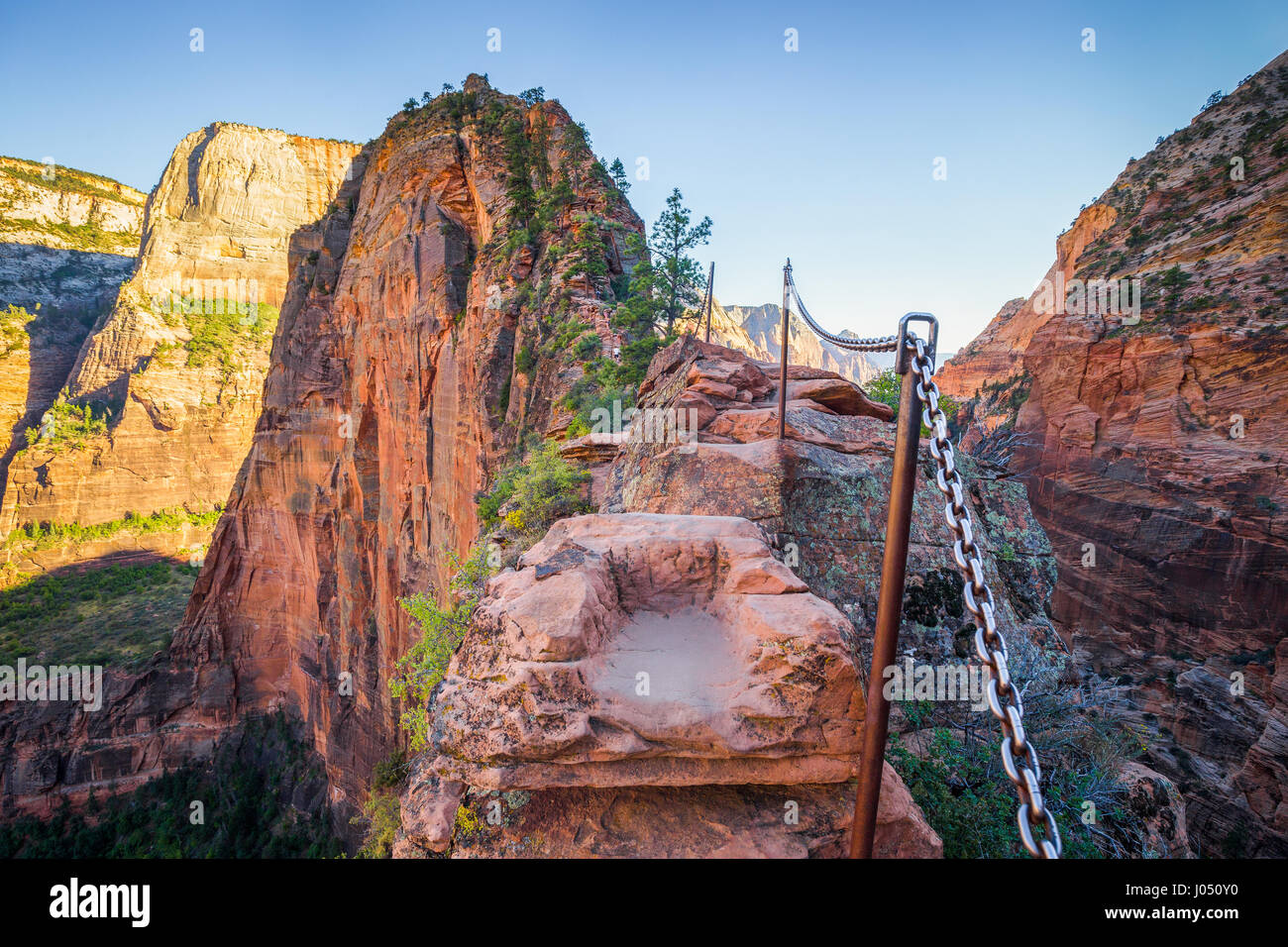 Panoramic view of famous Angels Landing hiking trail lead overlooking scenic Zion Canyon on a sunny day in summer, Zion Nation Park, Utah, USA Stock Photo