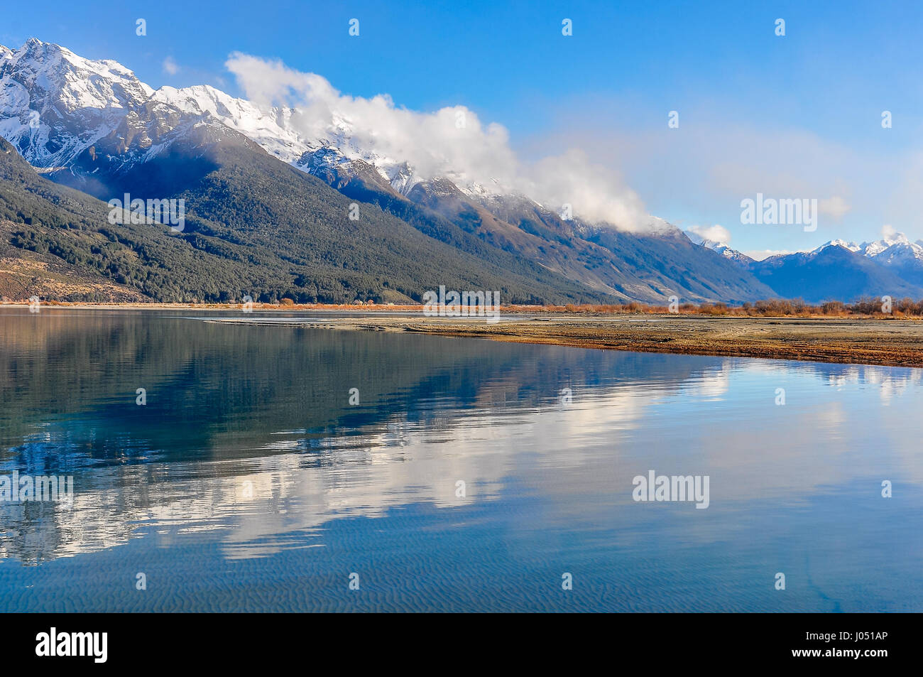 Reflection of the mountains in Lord of the Rings film location, Glenorchy, New Zealand Stock Photo