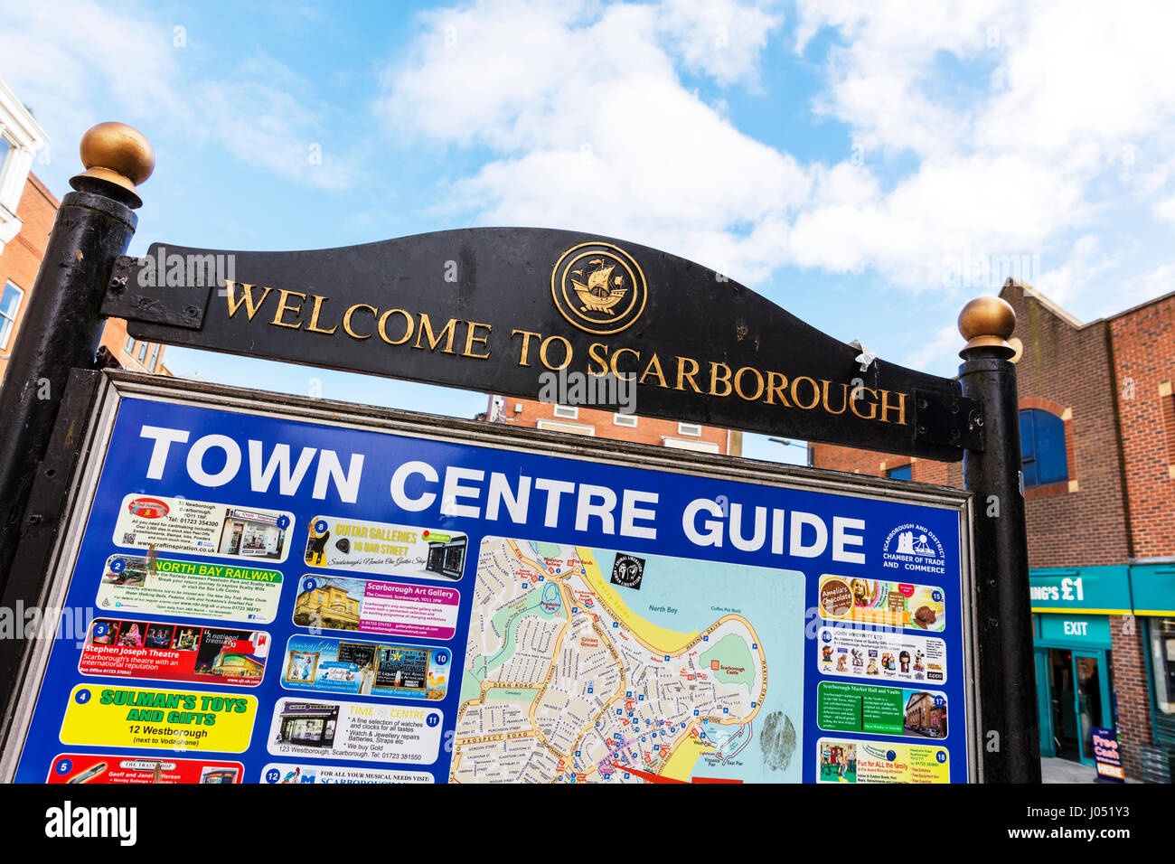 Welcome to Scarborough sign UK England Scarborough town centre guide map board Stock Photo