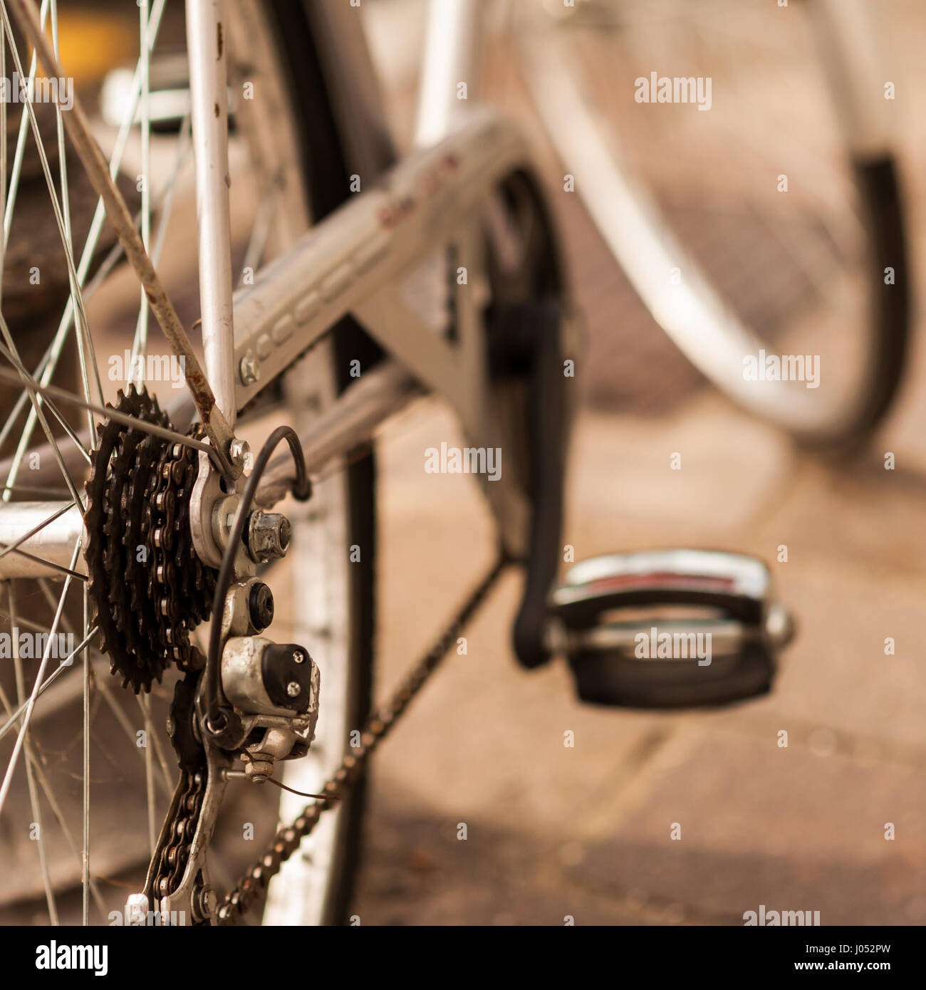 Bicycle. Selective focus on chain and transmission. Rear gear and bike
