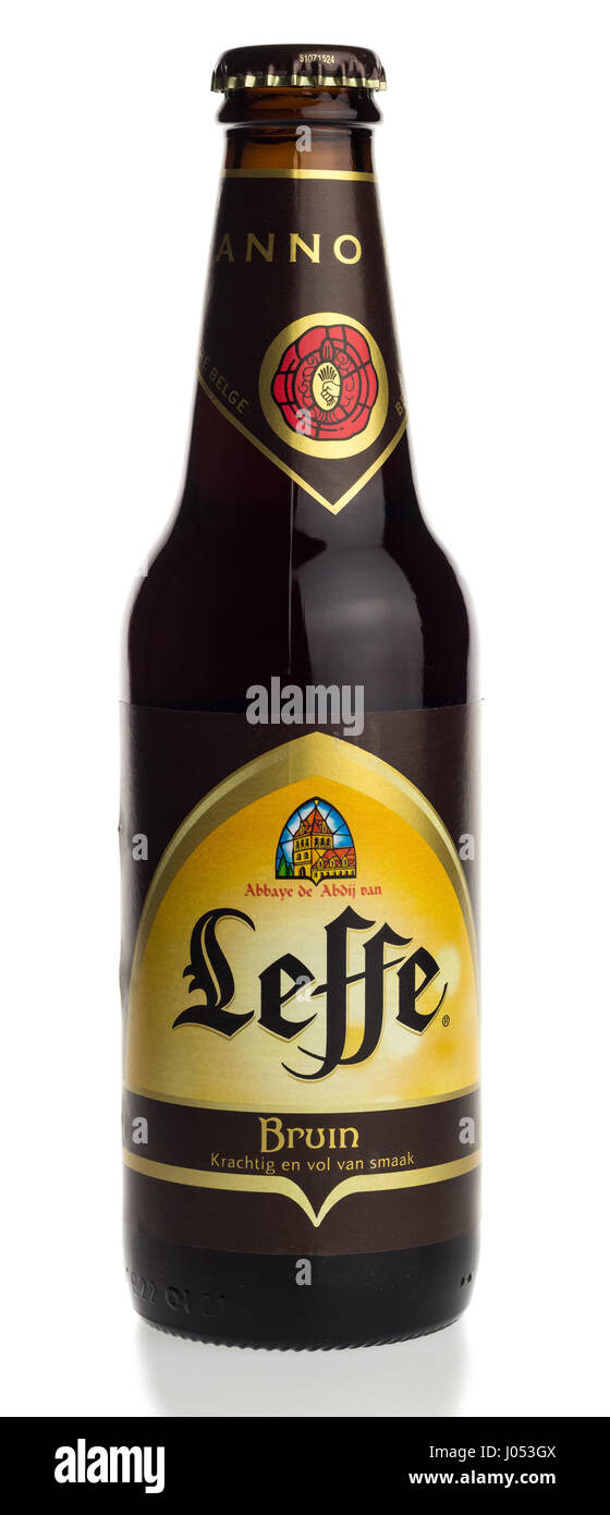 Bottle of Belgian Leffe Blond beer isolated on a white background Stock