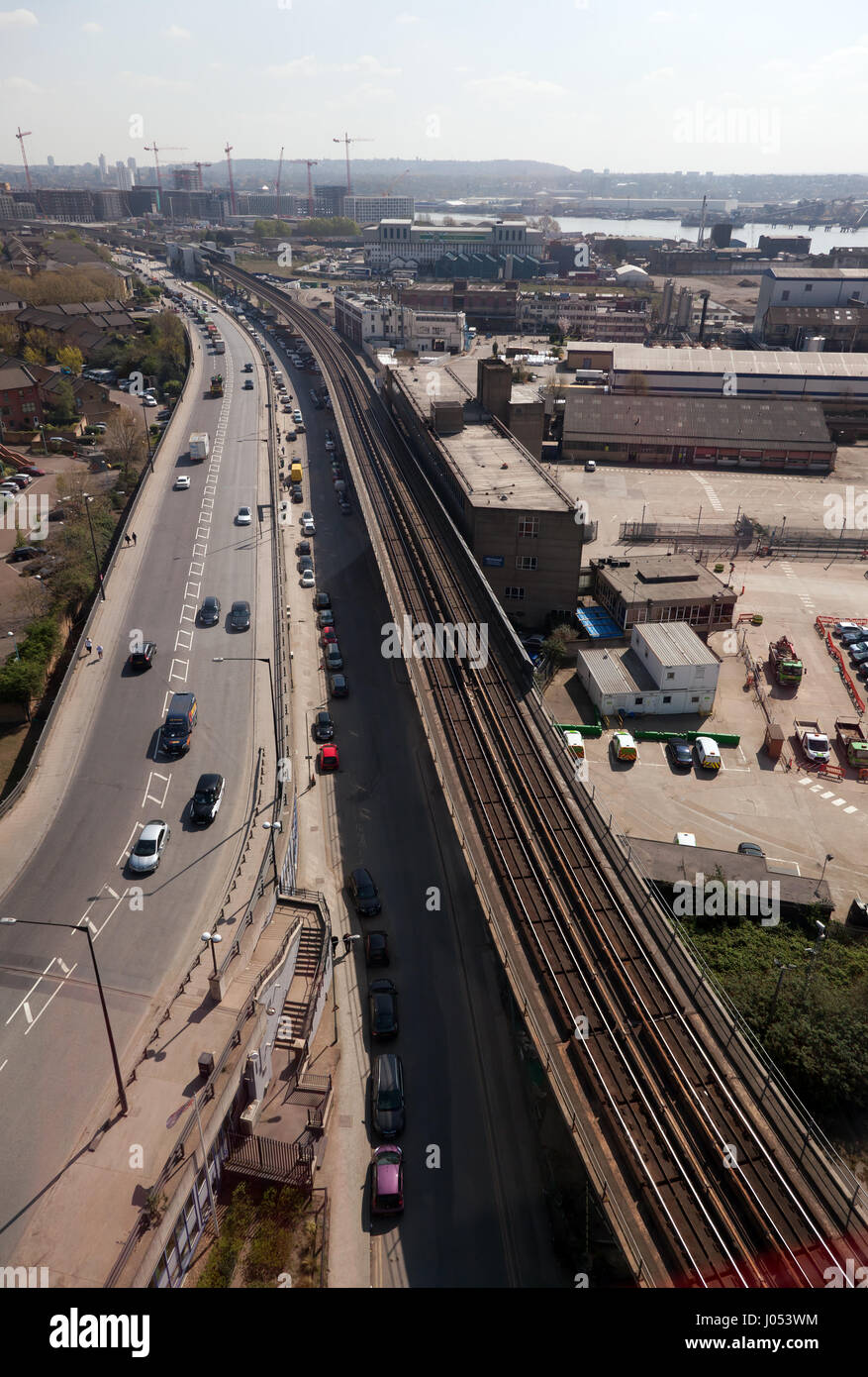 Aerial view of the Docklands Light Railway track, looking towards West Silvertown Station Stock Photo