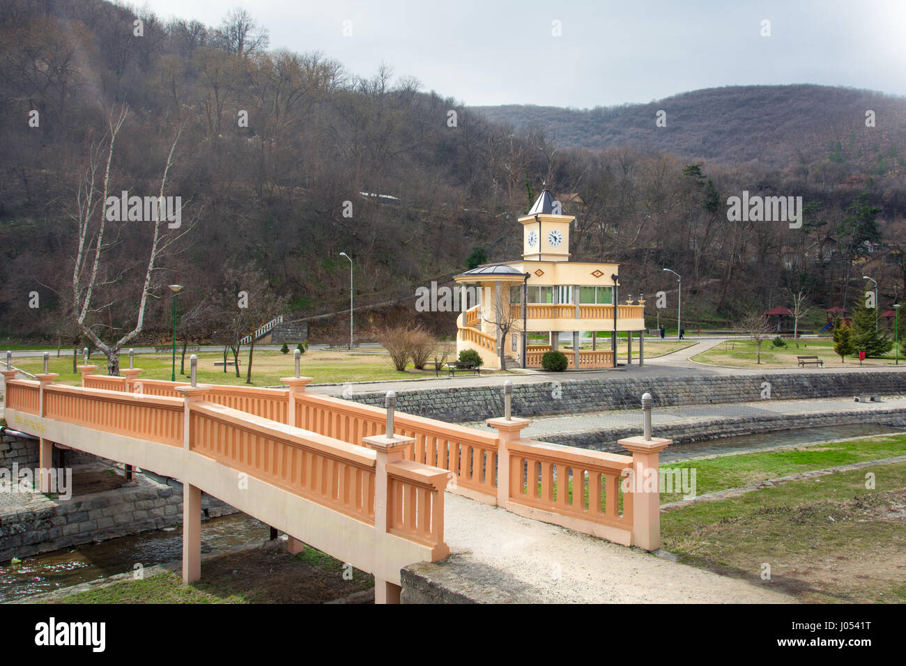 Vranje termal spa landscape with tower over hot water source Stock Photo