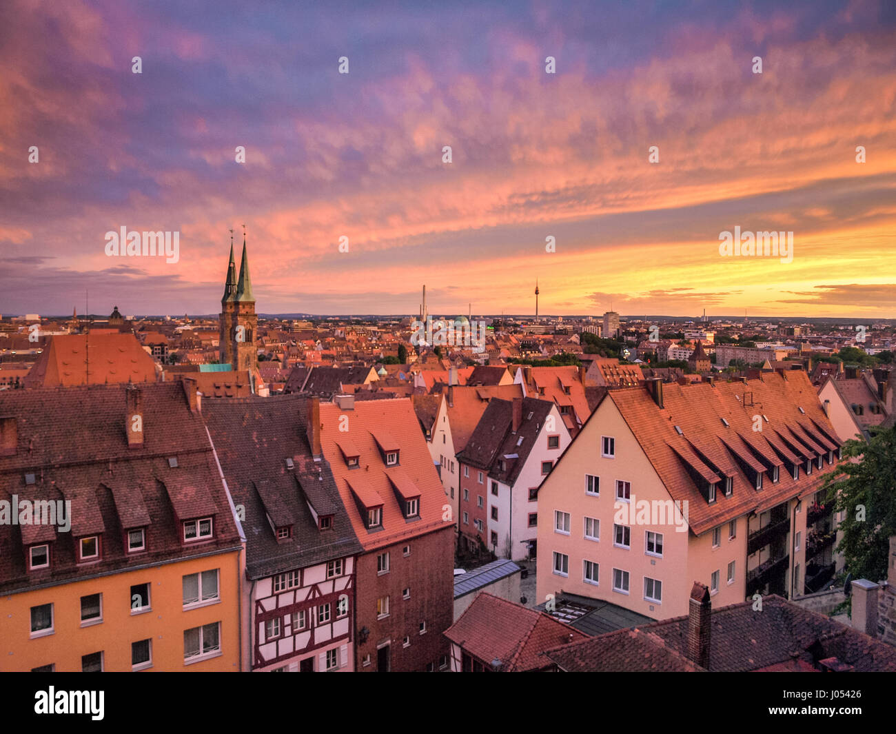 Panoramic view of the historic city of Nuremberg illuminated in
