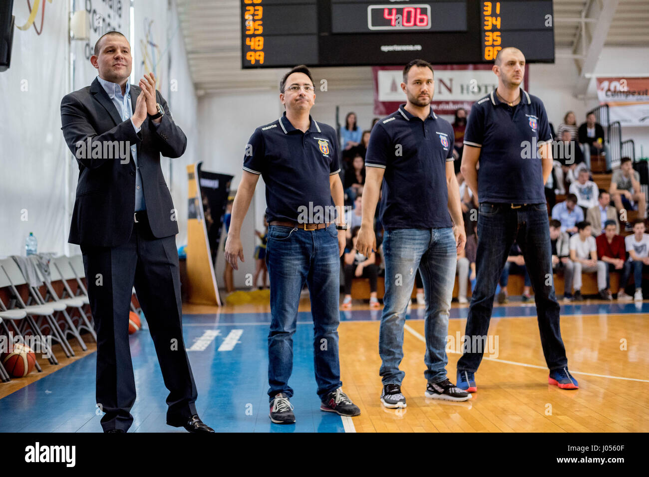 April 9, 2017: From left to right: Marko Filipovic the head coach of Steaua  CSM EximBank Bucharest, Adrian Petreanu the asistant coach of Steaua CSM  EximBank Bucharest, Andrei Cusursuz strength and conditioning