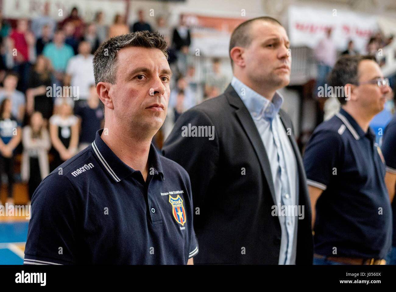 April 9, 2017: Sorin Rudeanu of Steaua during the 2017 Final Men's National  Basketball Championship U20 game between Steaua CSM EximBank Bucharest and  CSU Stiinta Bucharest at Arena de Baschet, Bucharest, Romania