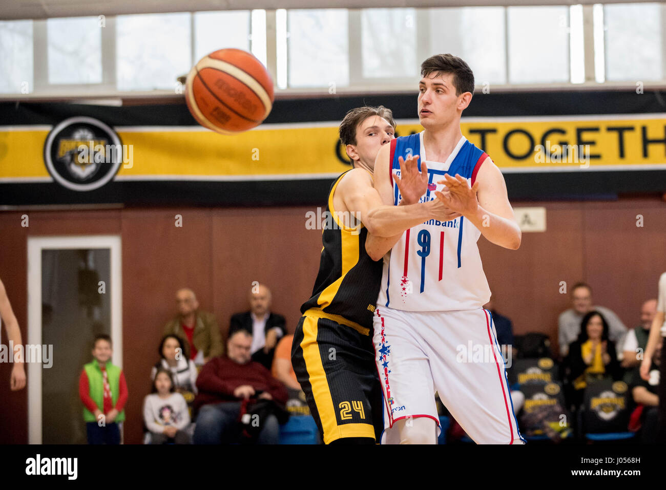 April 9, 2017:George Voinescu Blaj #24 of CSU Stiinta Bucharest and Andrei  Calenic #9 of Steaua CSM EximBank Bucharest during the 2017 Final Men's  National Basketball Championship U20 game between Steaua CSM