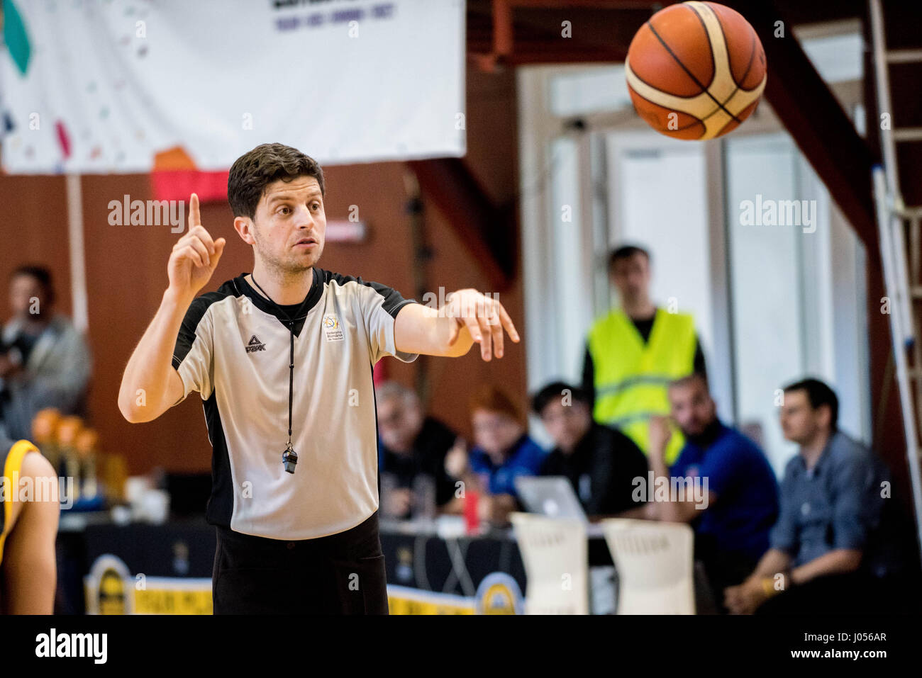 April 9, 2017:Dragos Nicolae, the game referee during the 2017 Final Men's  National Basketball Championship U20 game between Steaua CSM EximBank  Bucharest and CSU Stiinta Bucharest at Arena de Baschet, Bucharest, Romania