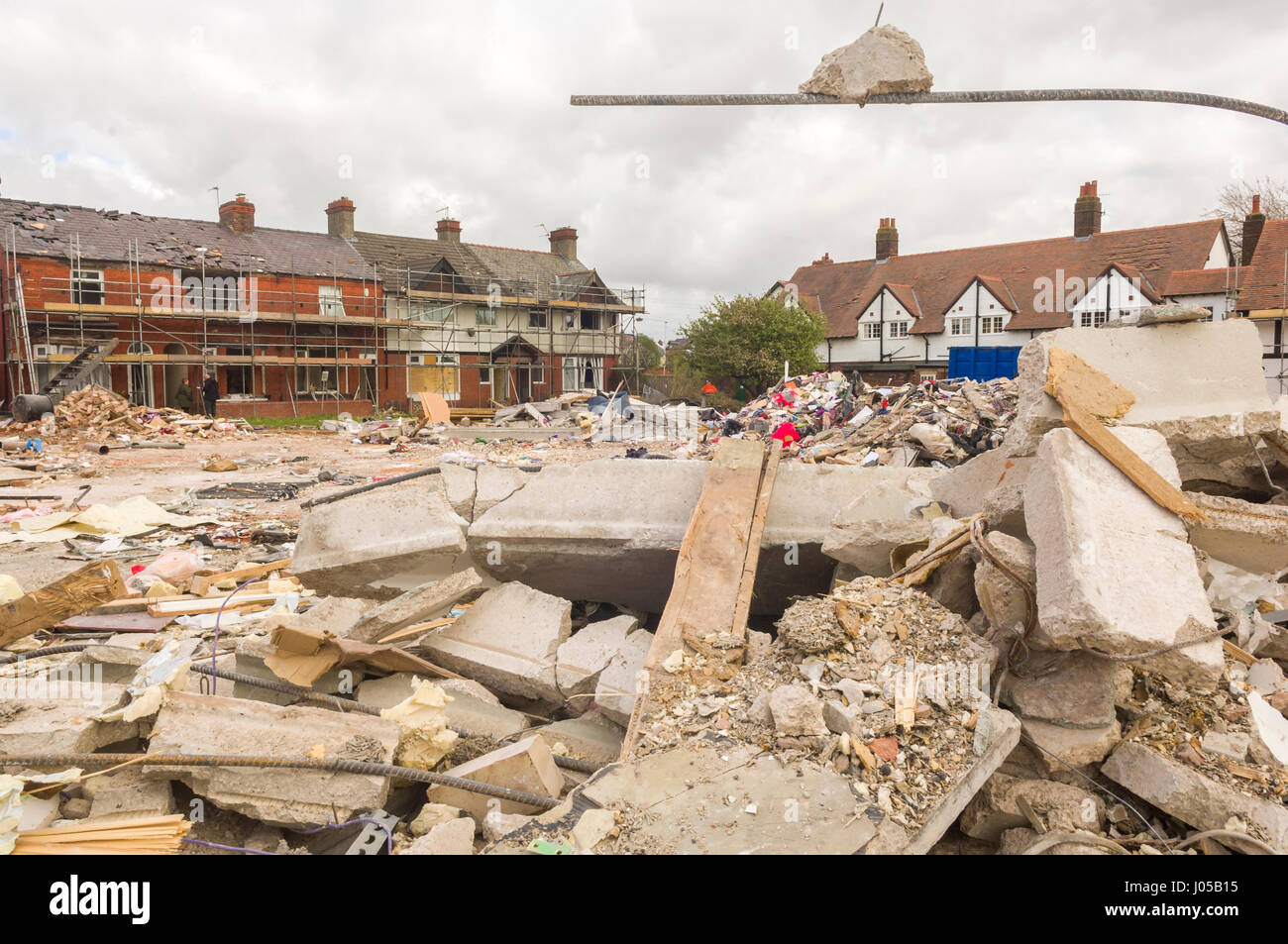 New Ferry, Wirral, UK. 10th April, 2017. The scene of the recent massive gas explosion has now been handed over from Merseyside Police to WIrral Borough Council.  The cleanup operation commences and, for the first time, residents and business owners are being allowed into the area to retrieve belongings, of which a great many clothes and personal effects are strewn across the scene.  The damage is so great, that a lot of the buildings will need to be demolished and rebuilt. © Paul Warburton Stock Photo