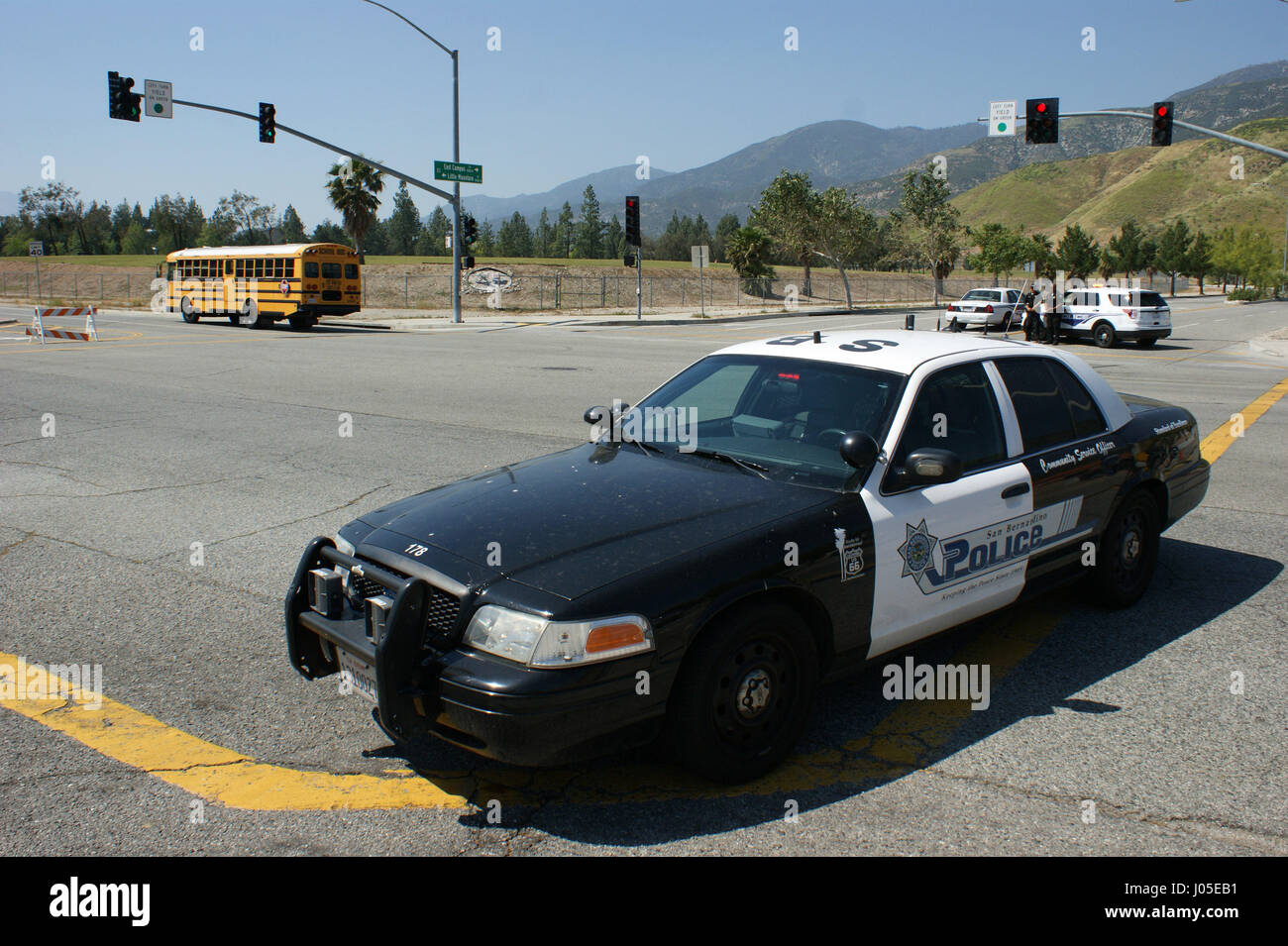 San Bernardino, USA. 10th Apr, 2017. A police car blocks the road near