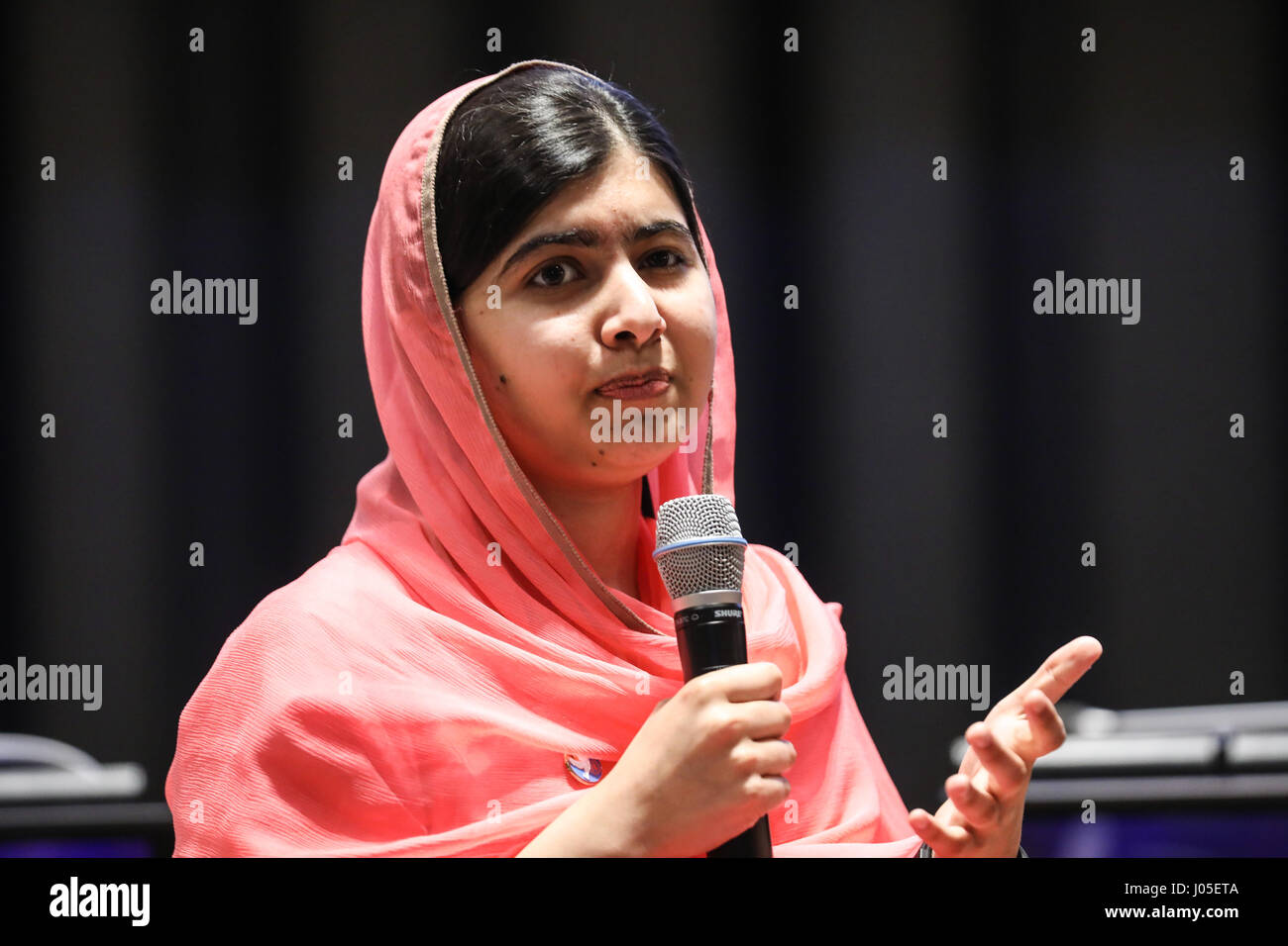 New York, United States. 10th Apr, 2017. Activist Malala Yousafzai, accompanied by Portugal's António Guterres, secretary general of the United Nations (UN) during her appointment as United Nations peace message with a special focus on girls' education event at United Nations Headquarters in New York on the afternoon of Monday, 10. The function is the highest honor bestowed by an organization leader to a citizen of the world.  Stock Photo