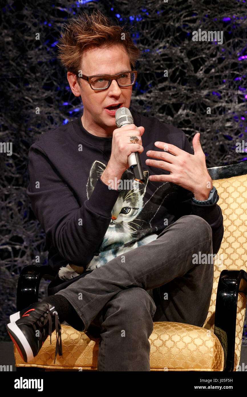 Tokyo, Japan. 11th April, 2017. Director James Gunn speaks during a press conference for their film Guardians of the Galaxy Vol. 2 on April 11, 2017, Tokyo, Japan. The cast members attended a press conference the day after kicking off the Galaxy Carpet Event's world tour in Tokyo. The film will be released on May 12 in Japan. Credit: Rodrigo Reyes Marin/AFLO/Alamy Live News Stock Photo