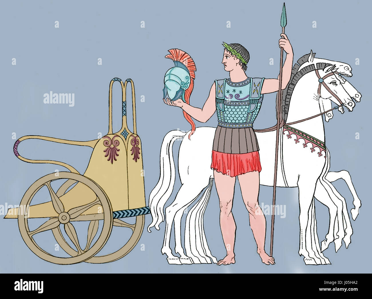 Ancient Greeks. Warrior with chariot. Engraving, 19th century. Colored. Stock Photo