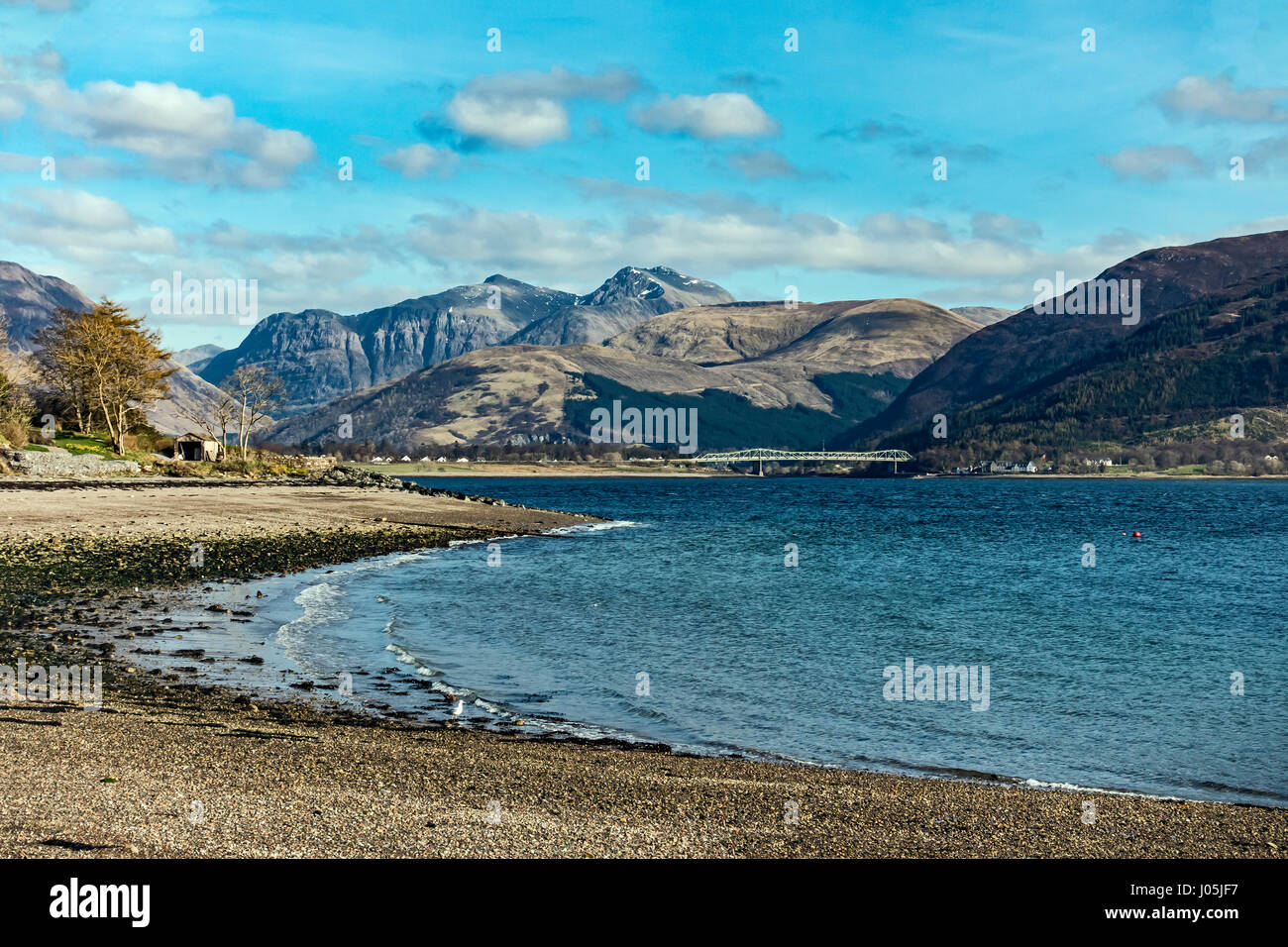 View from Scottish village Onich across Loch Linnhe towards the Glen Coe mountains with Bidean nam Bian in Highland Scotland UK Stock Photo