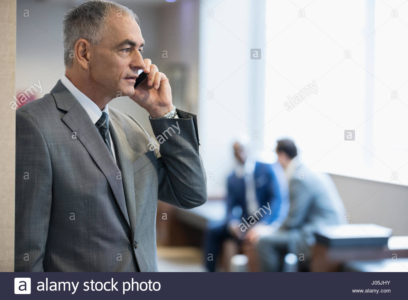 Male attorney talking on cell phone in courthouse corridor Stock Photo