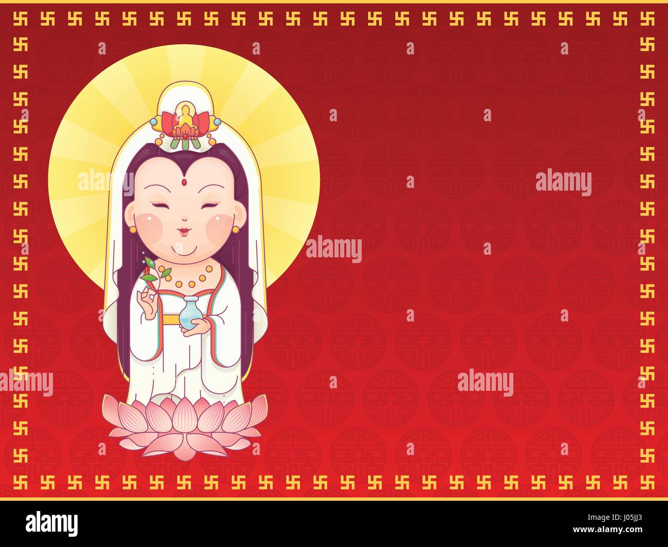 Vector Illustration of Guanyin the Goddess of Mercy Standing on Lotus. Chinese Goddess. Cartoon Character with Red Background for Greeting Card Stock Vector