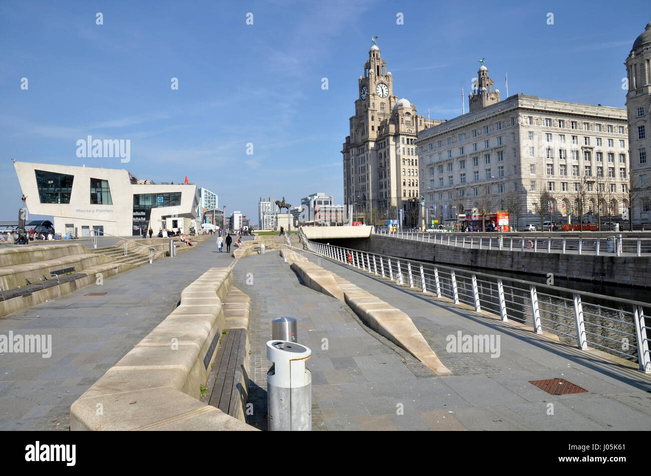 The Mersey Ferries building on Pier Head area on the River Mersey in Liverpool. The Liver and Cunard buildings are to the right Stock Photo
