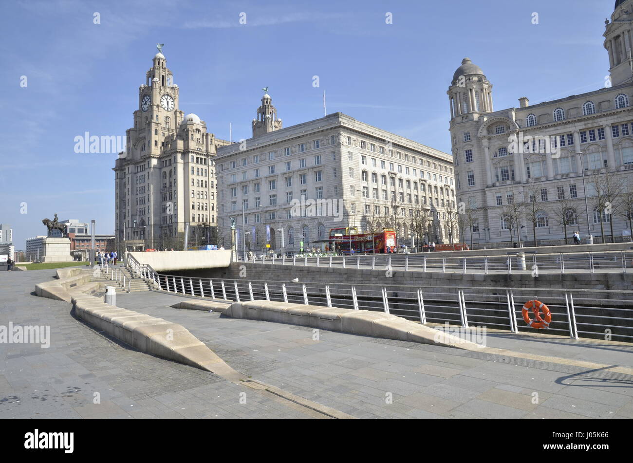 The 'Three Graces' on Pier Head area on the River Mersey in Liverpool - the Liver, Cunard and Port of Liverpool Buildings Stock Photo