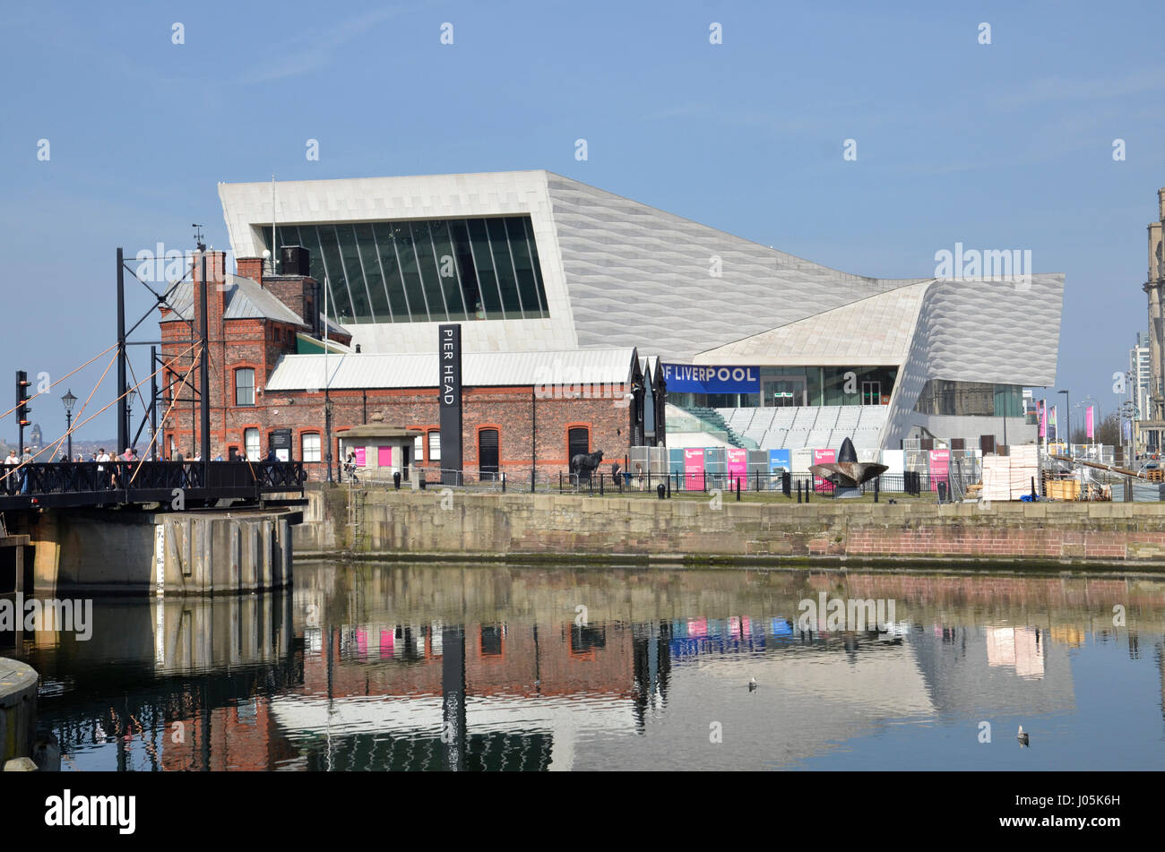 The Pier Head area on the River Mersey in Liverpool with the Museum of Liverpool in the centre Stock Photo