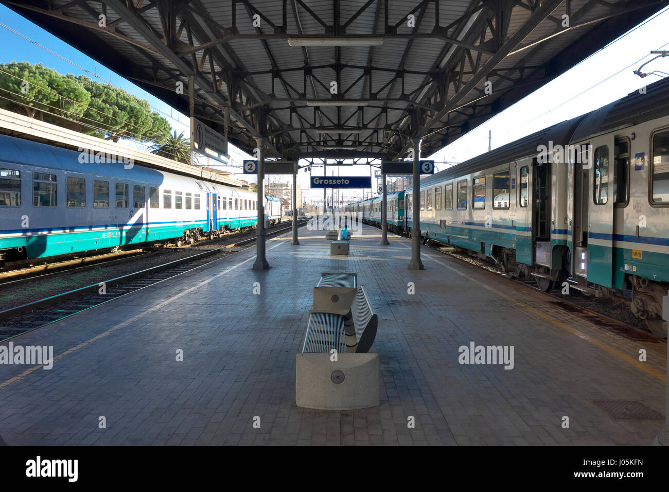 Railway station trains and platforms series - Grosseto, Tuscany, Italy, Europe Stock Photo