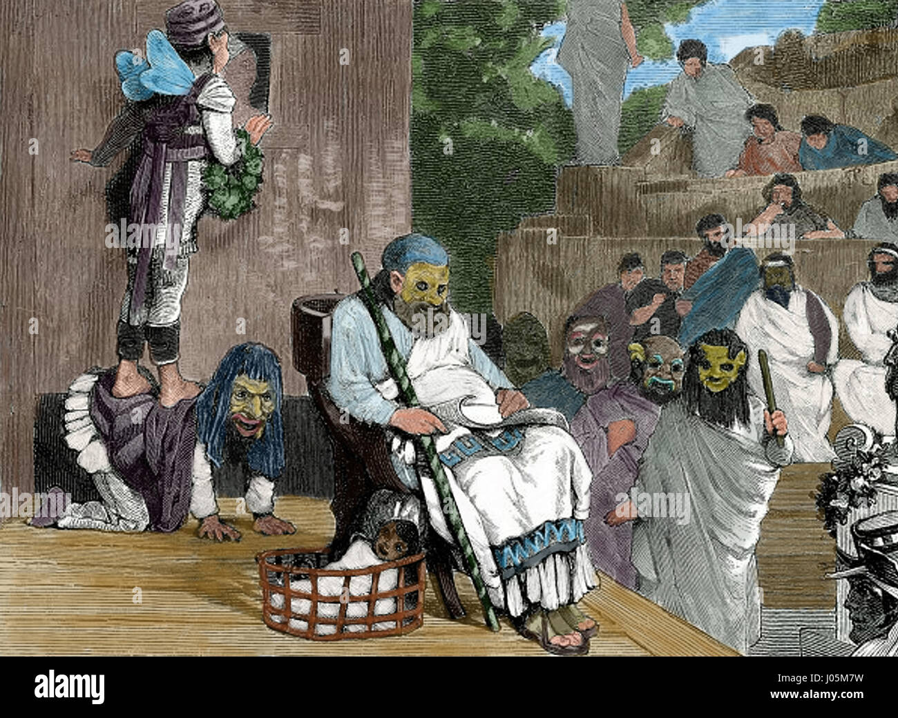 Performance in ancient Greek Theatre. Performance in ancient Greek Theatre. Illustration, 19th century. Greece and Rome, Jakob Falke, 1879.  Color. Stock Photo