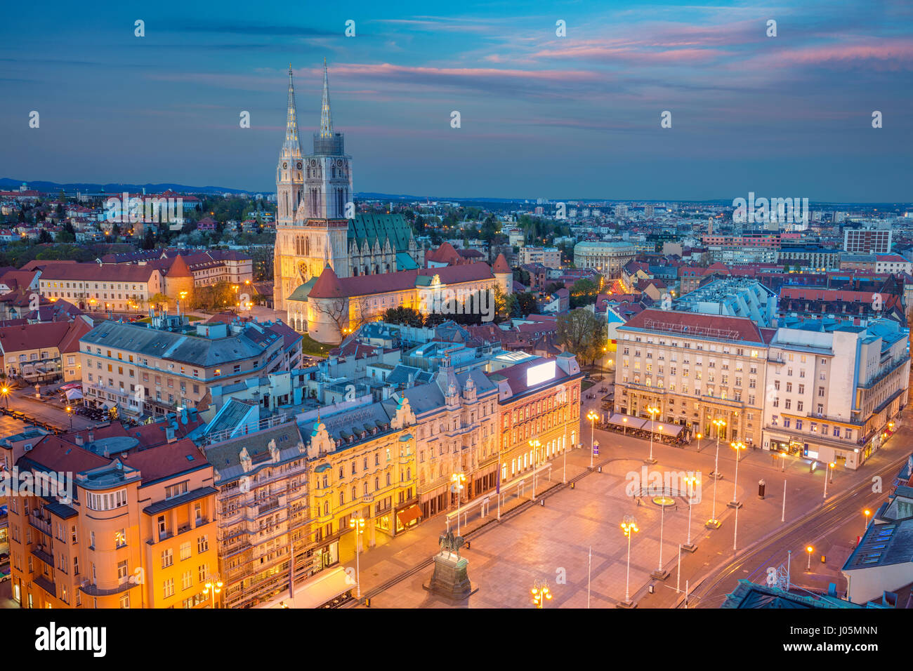 Zagreb. Cityscape image of Zagreb, Croatia during twilight blue hour. Stock Photo