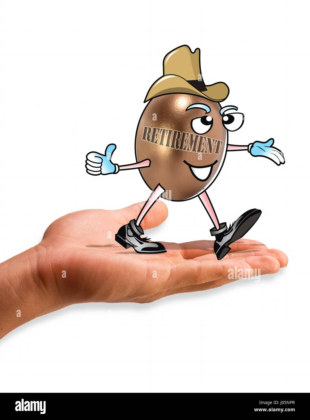 Retirement in hand with cowboy egg man. Stock Photo