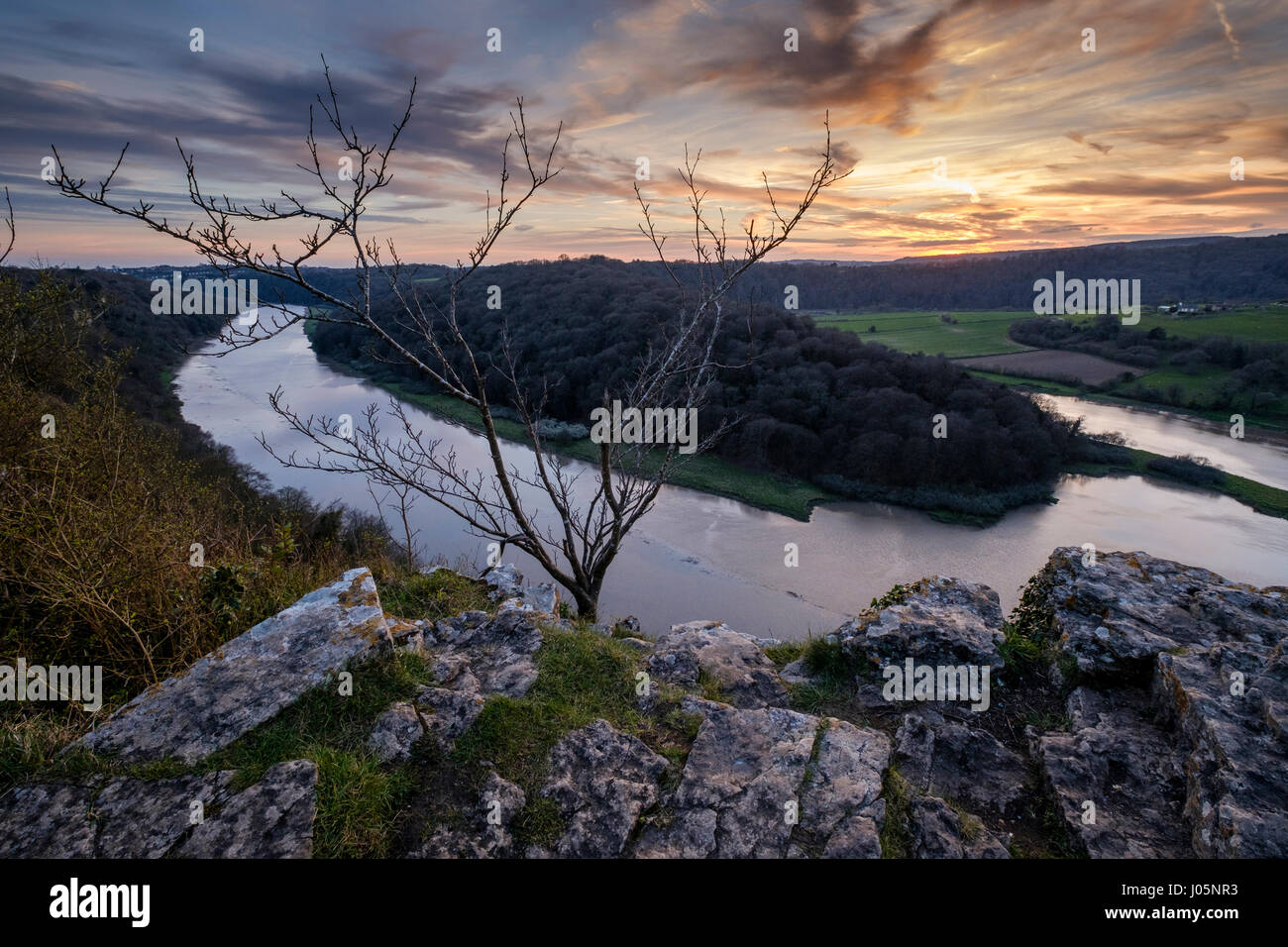 View over Winter's Leap,River Wye at sunset in Gloucestershire with cliffs Stock Photo