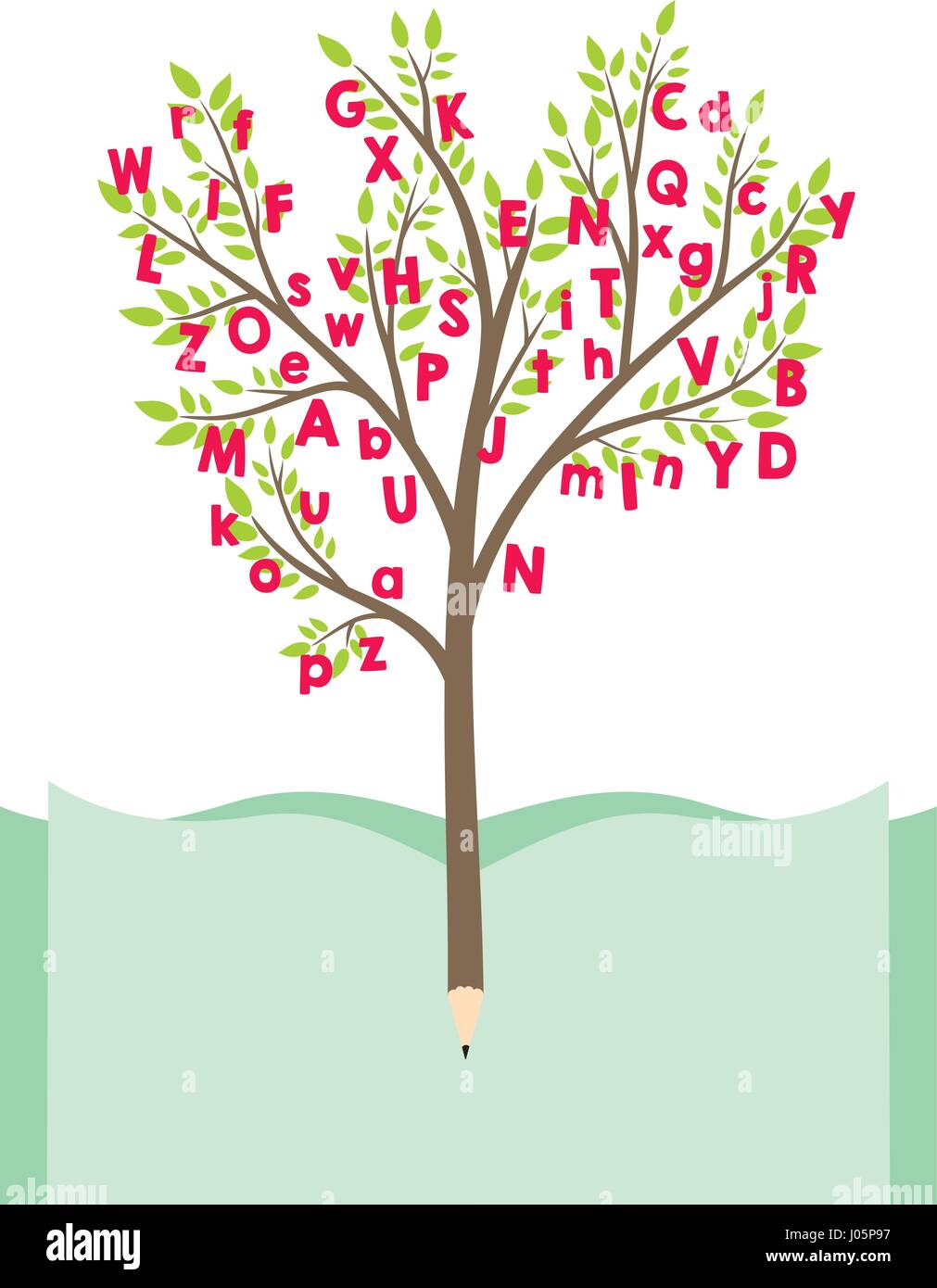 Tree with alphabet letters. Education and knowledge concept. Pencil tree with book. Flat vector illustration Stock Vector
