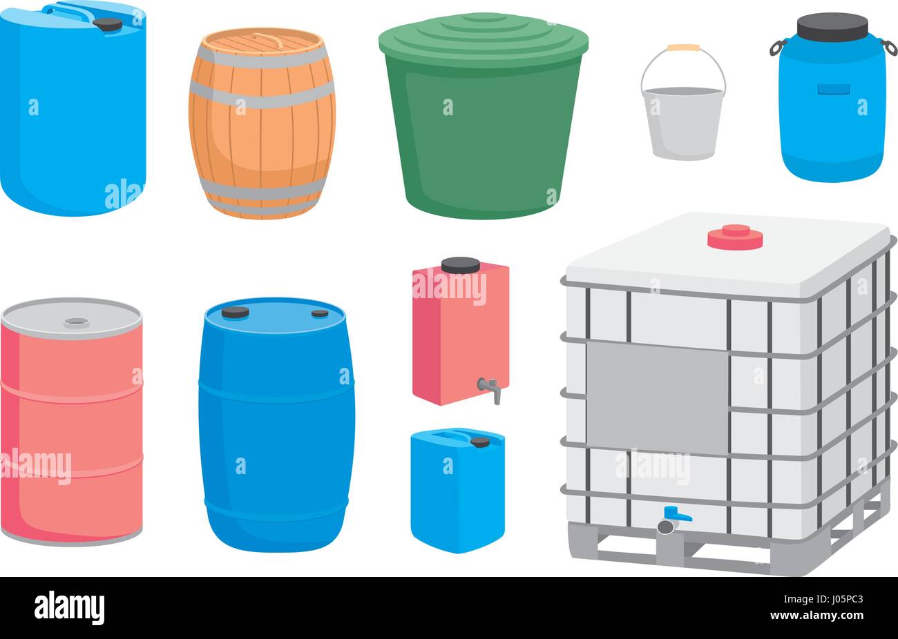 Containers for liquid. Plastic, metal and wood barrel set. Vector  illustration Stock Vector