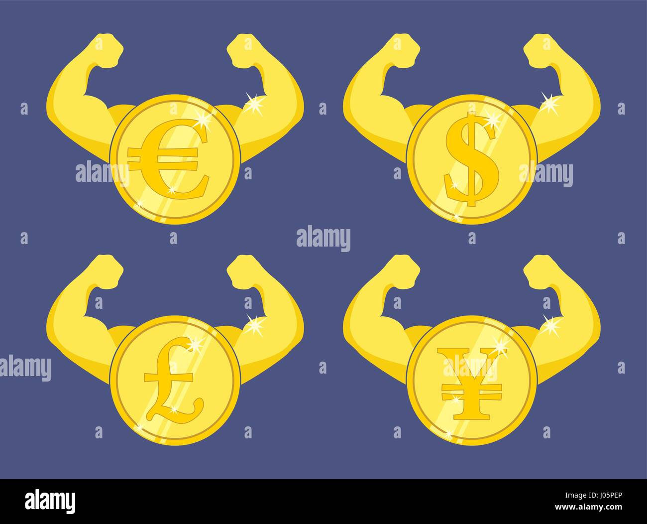 Coin with strong arms icon. Increasing currency concept. Strong currency icon. Vector illustration Stock Vector