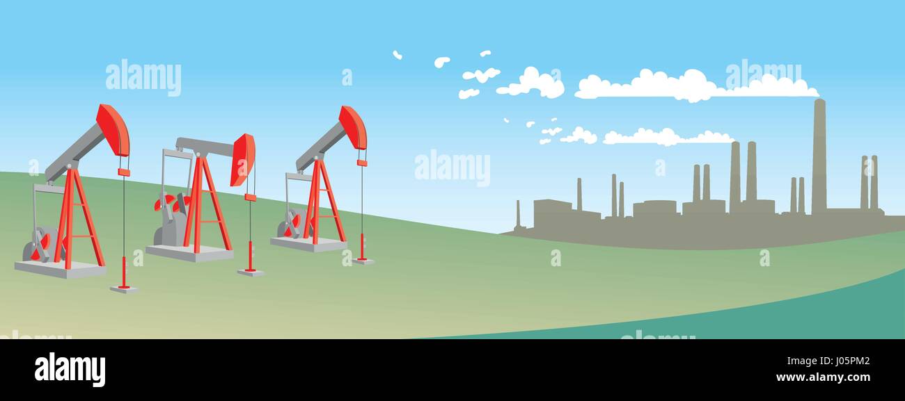 Oil pump on field with refinery. Petroleum industry equipment. Vector illustration Stock Vector