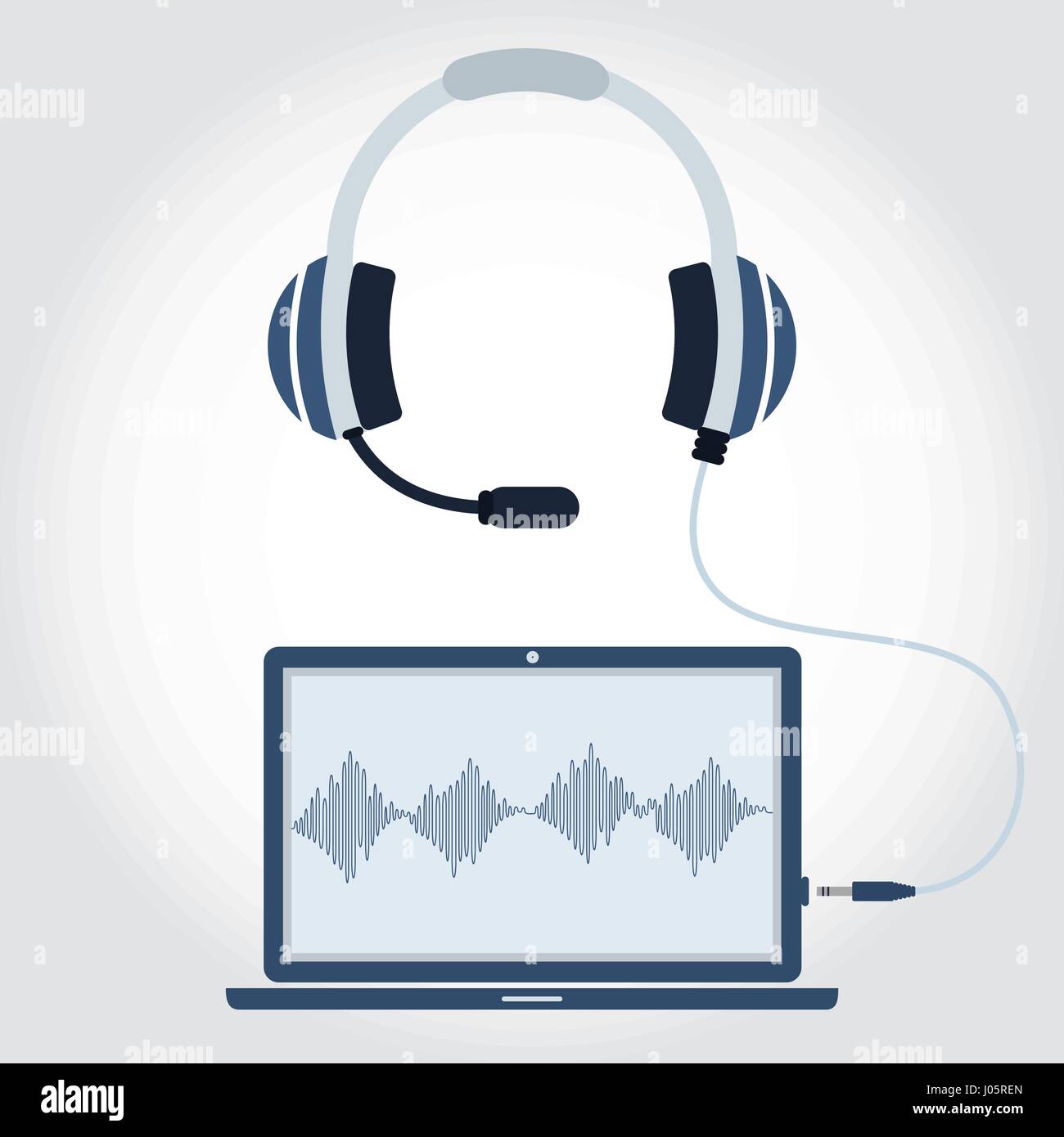 Laptop and headphone with microphone unplugged. Sound wave symbol
