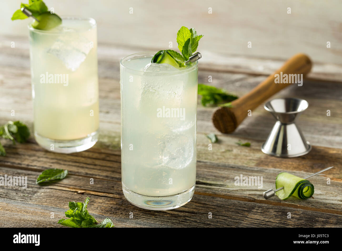 Refreshing Cucumber Gin Spritz Cocktail with Lime and Mint Stock Photo