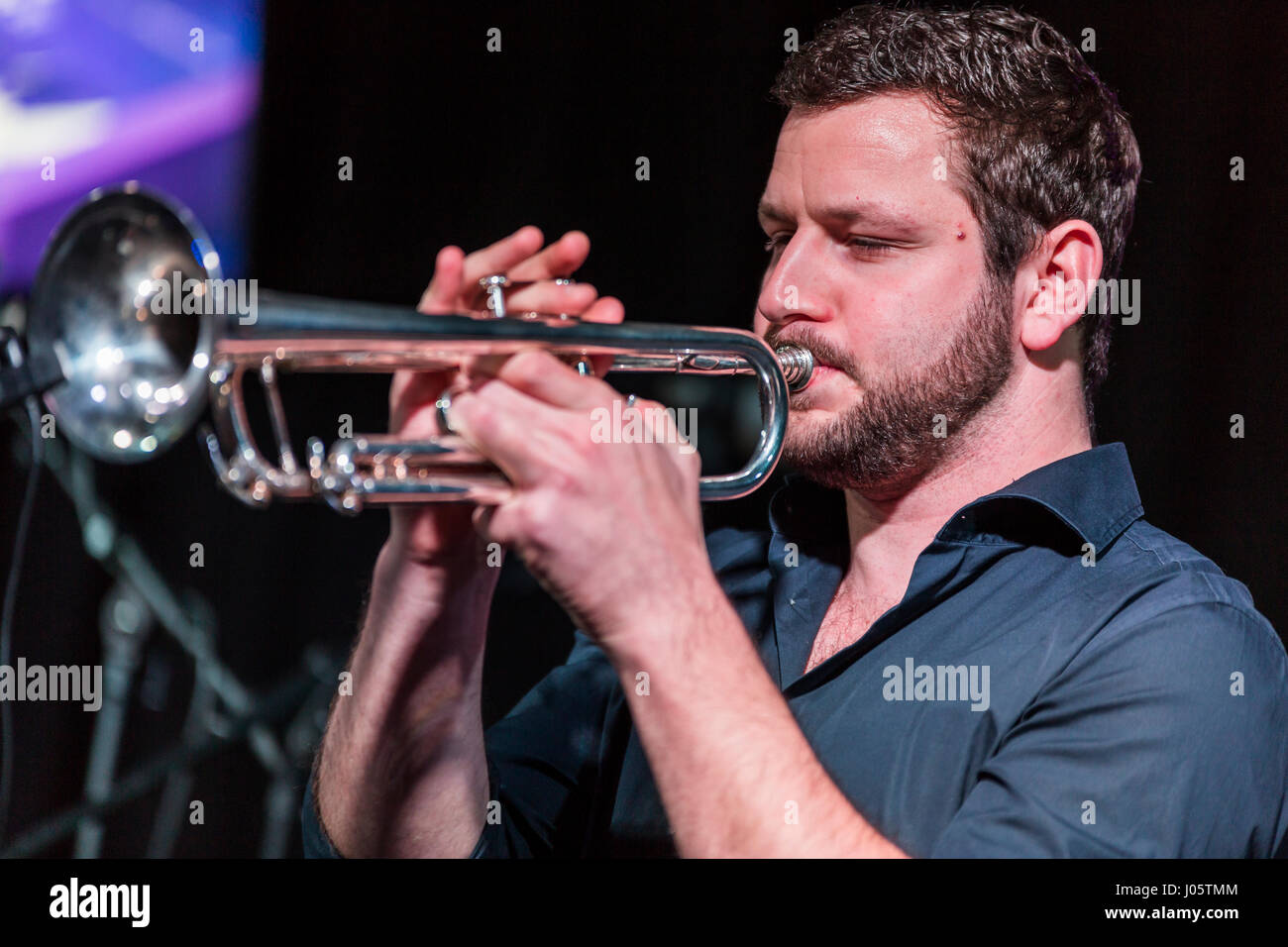 Frankfurt/Main, Germany. 5th April, 2017. Yamaha All-Stars Band performs at exhibition area of Yamaha Music Europe GmbH. The Band is a collaboration of popular german Jazz and Pop musicians. Here: Christoph Moschberger, trumpet. Fotocredit: Christian Lademann Stock Photo