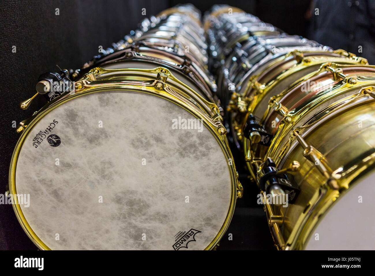 Frankfurt/Main, Germany. 5th April, 2017. Snare drums of manufacturer  Schagerl Drums (Austria). Fotocredit: Christian Lademann Stock Photo - Alamy